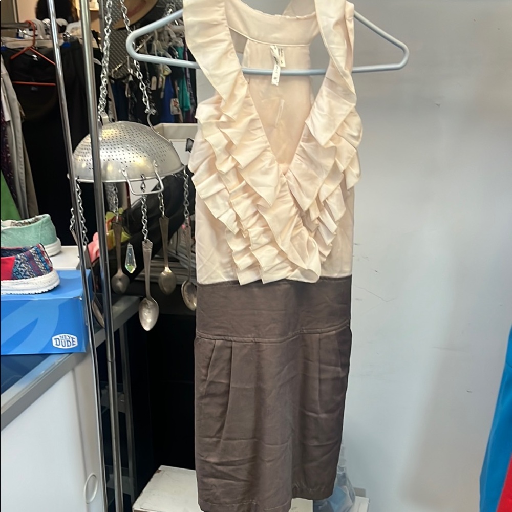 Elegant Cream and Brown Ruffle Dress